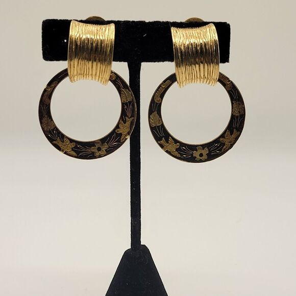 Vintage Givenchy Spanish Damascene Bird Flower Dangle Clip on earrings - Picture 2 of 16